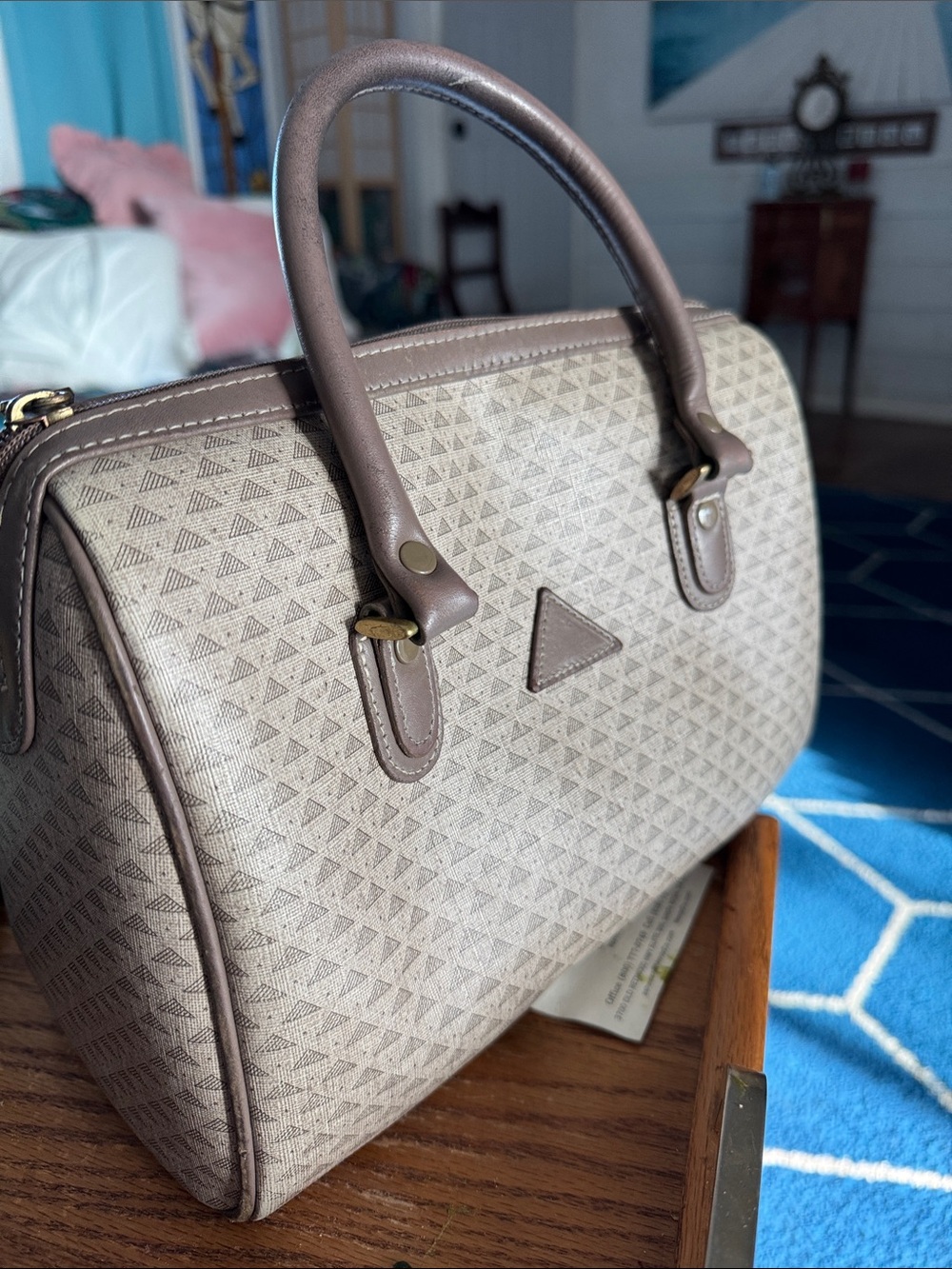 Liz Claiborne Beige Patterned Satchel with Brown Handles